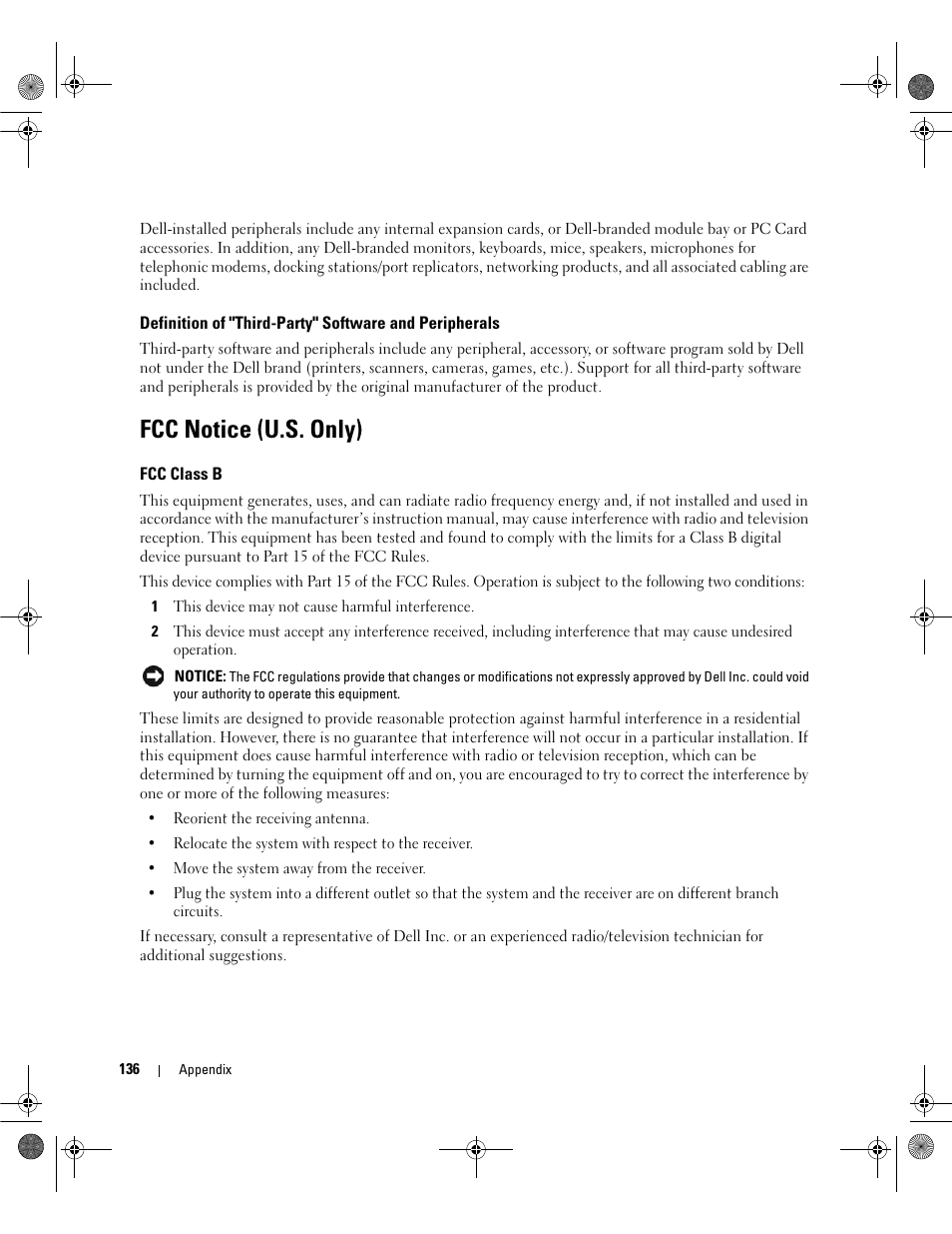 Fcc notice (u.s. only), Fcc class b | Dell Dimension 9200 User Manual | Page 136 / 174