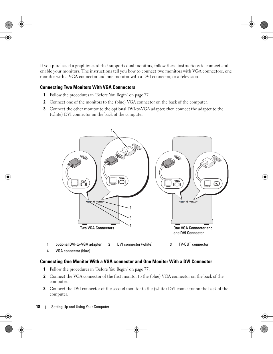 Connecting two monitors with vga connectors | Dell Dimension 9200 User Manual | Page 18 / 174