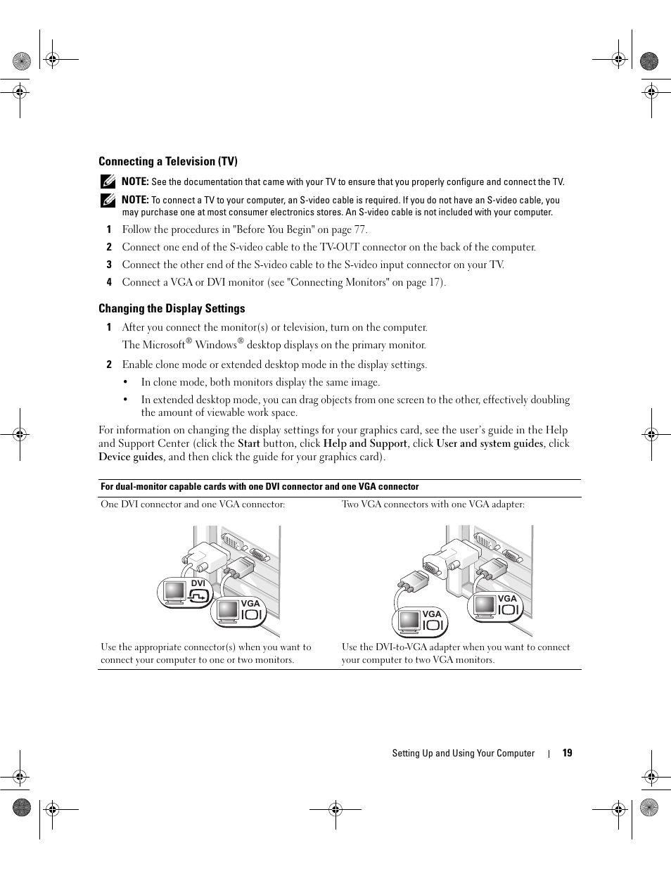 Connecting a television (tv), Changing the display settings | Dell Dimension 9200 User Manual | Page 19 / 174