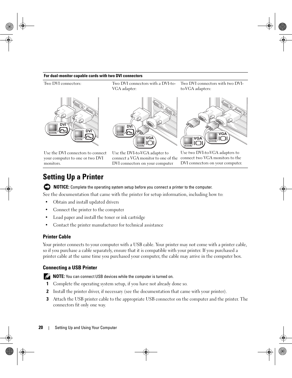 Setting up a printer, Printer cable, Connecting a usb printer | Dell Dimension 9200 User Manual | Page 20 / 174