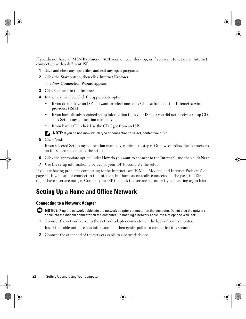 Setting up a home and office network, Connecting to a network adapter | Dell Dimension 9200 User Manual | Page 22 / 174