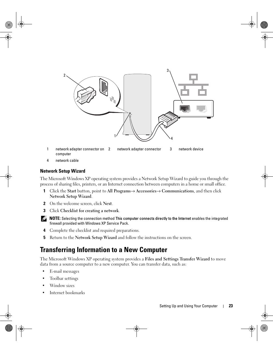 Network setup wizard, Transferring information to a new computer | Dell Dimension 9200 User Manual | Page 23 / 174