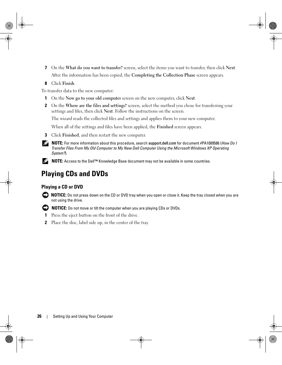 Playing cds and dvds, Playing a cd or dvd | Dell Dimension 9200 User Manual | Page 26 / 174