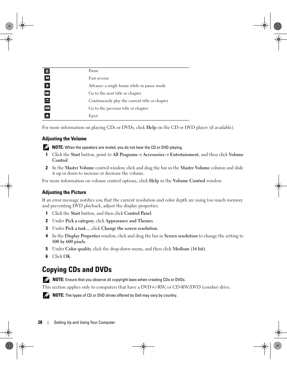 Adjusting the volume, Adjusting the picture, Copying cds and dvds | Dell Dimension 9200 User Manual | Page 28 / 174