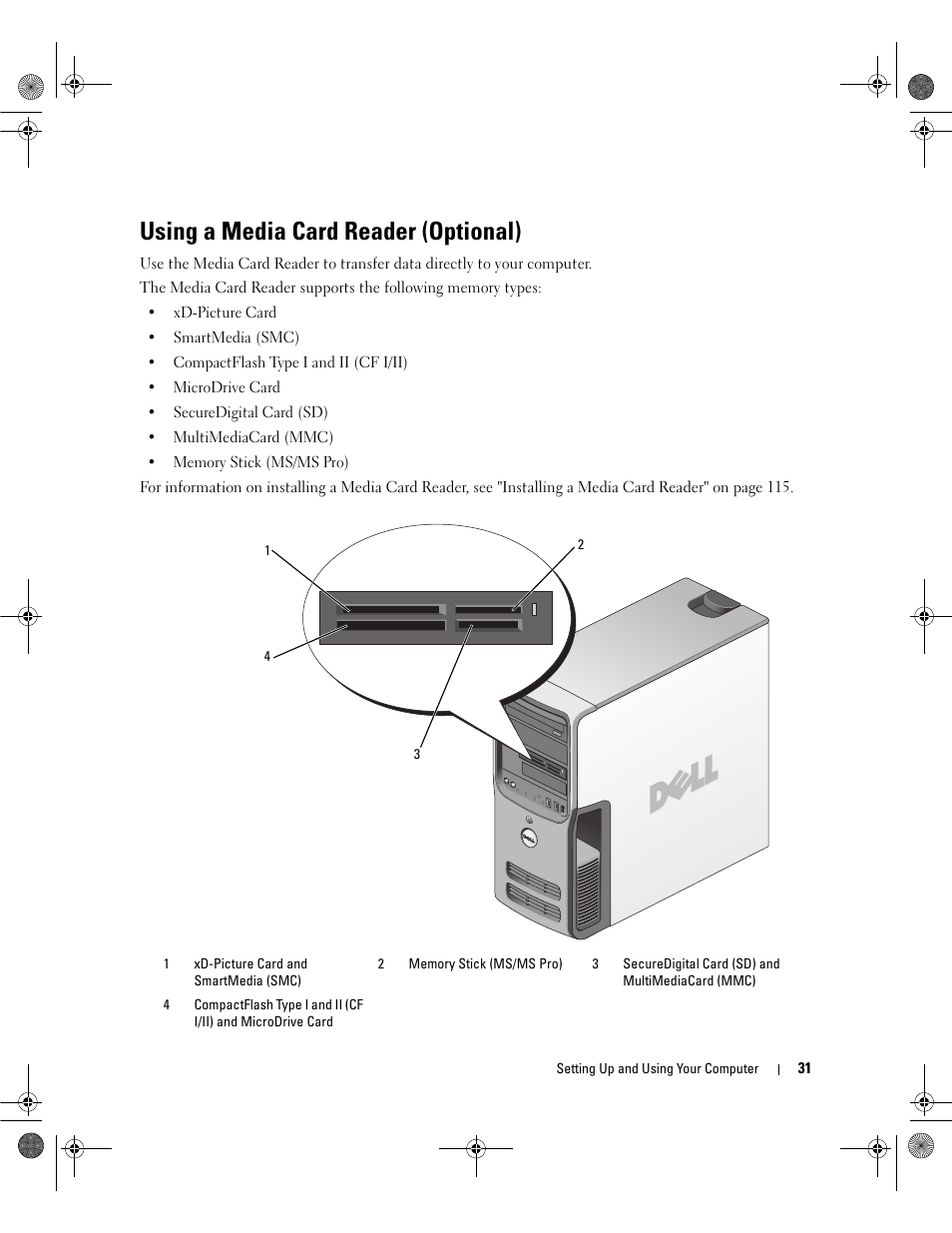 Using a media card reader (optional) | Dell Dimension 9200 User Manual | Page 31 / 174