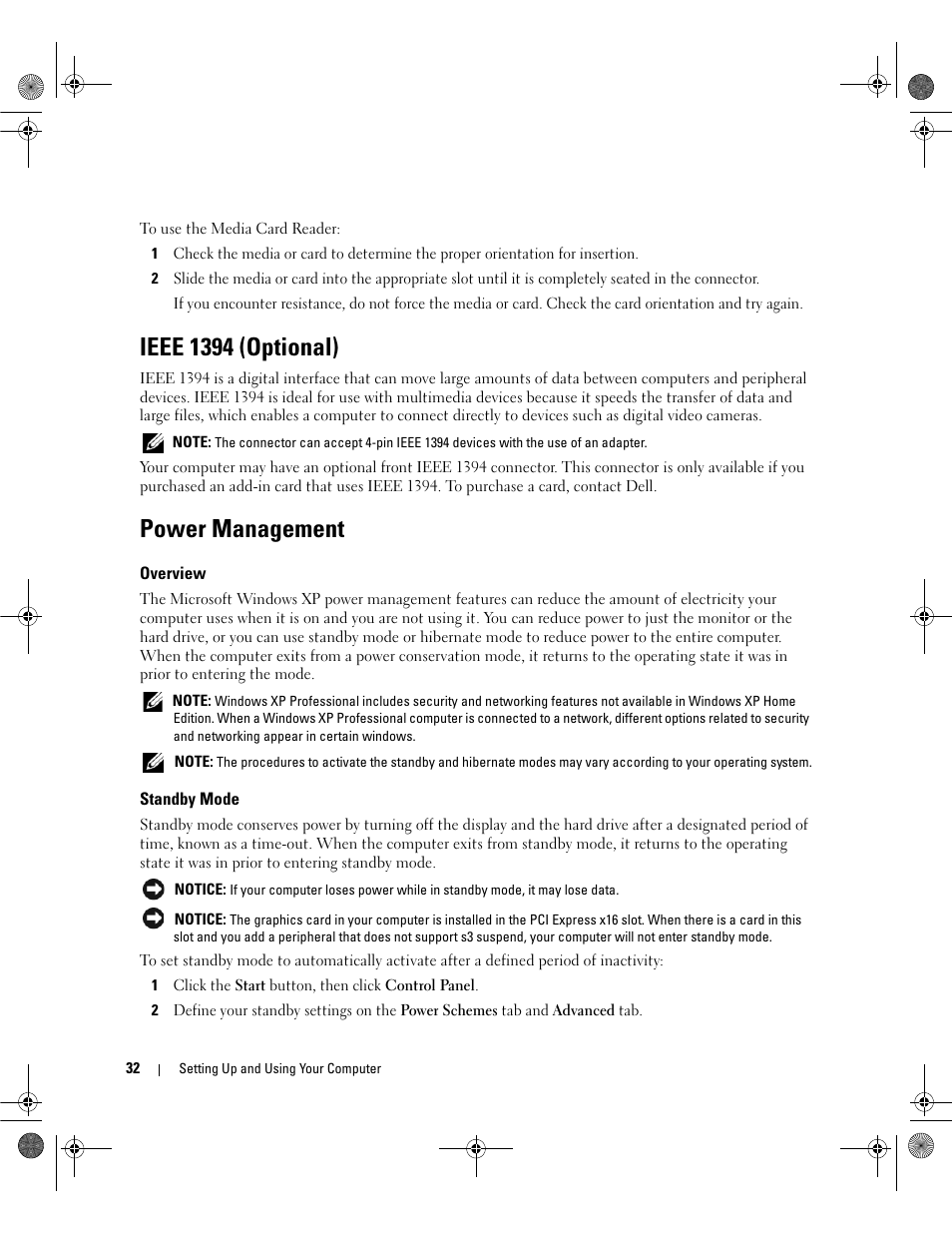 Ieee 1394 (optional), Power management, Overview | Standby mode | Dell Dimension 9200 User Manual | Page 32 / 174