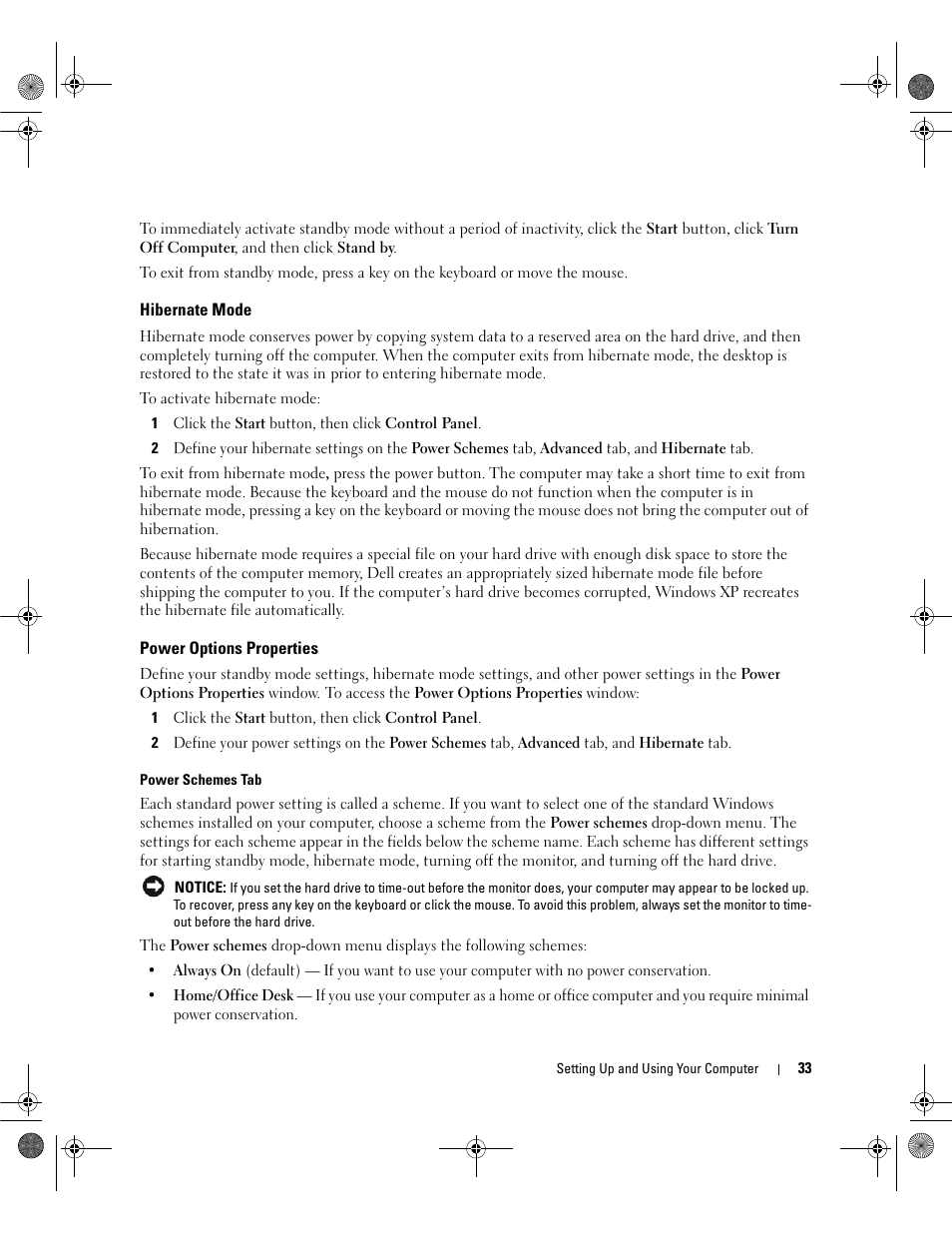 Hibernate mode, Power options properties | Dell Dimension 9200 User Manual | Page 33 / 174