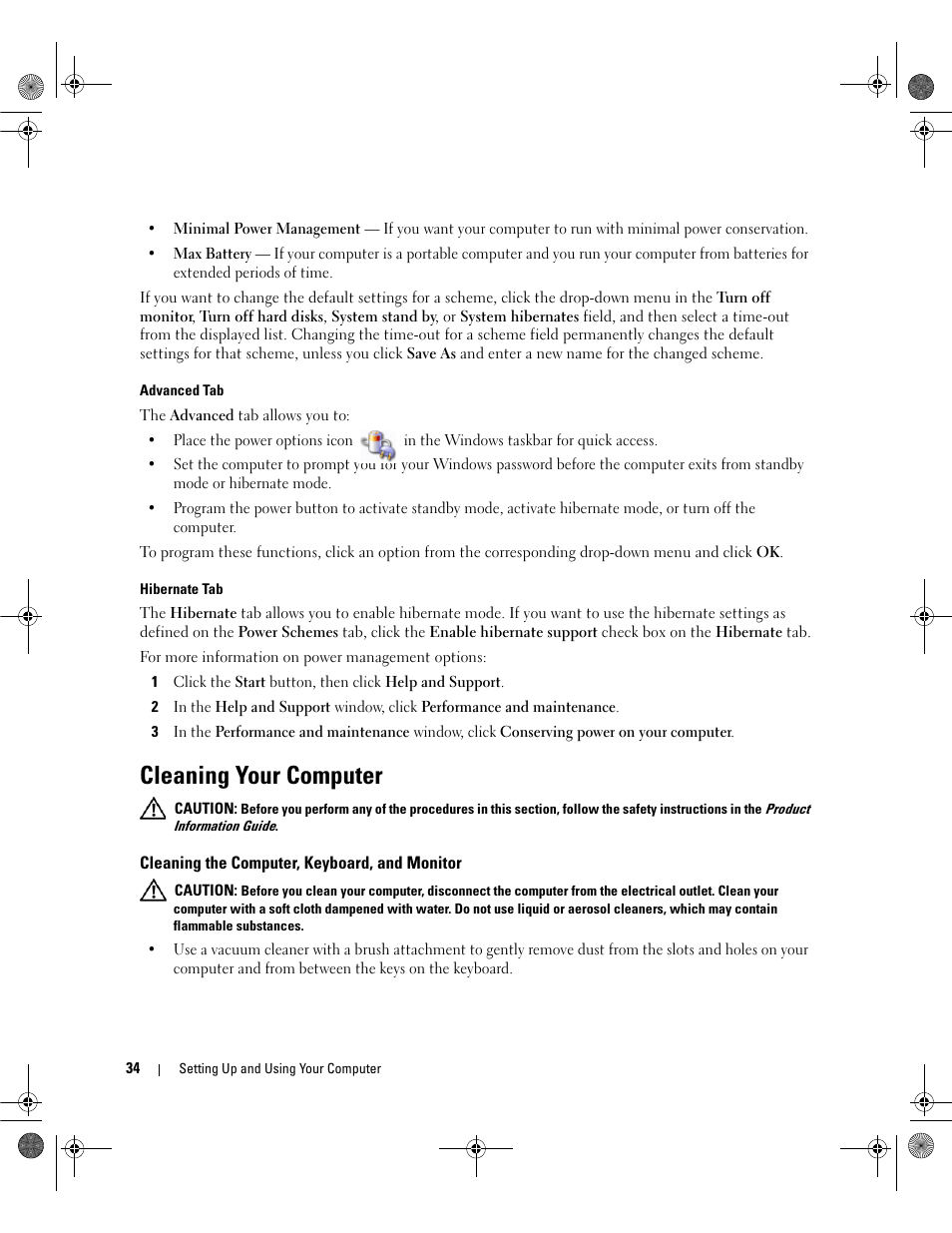 Cleaning your computer, Cleaning the computer, keyboard, and monitor, Tab, and hibernate | Tab, and | Dell Dimension 9200 User Manual | Page 34 / 174