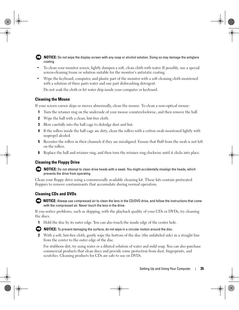 Cleaning the mouse, Cleaning the floppy drive, Cleaning cds and dvds | Dell Dimension 9200 User Manual | Page 35 / 174