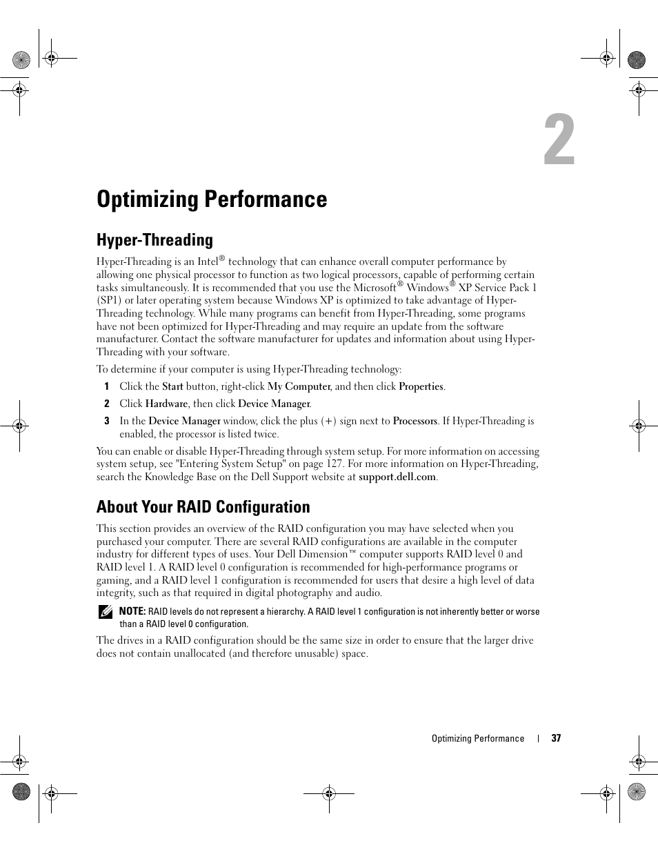 Optimizing performance, Hyper-threading, About your raid configuration | Dell Dimension 9200 User Manual | Page 37 / 174