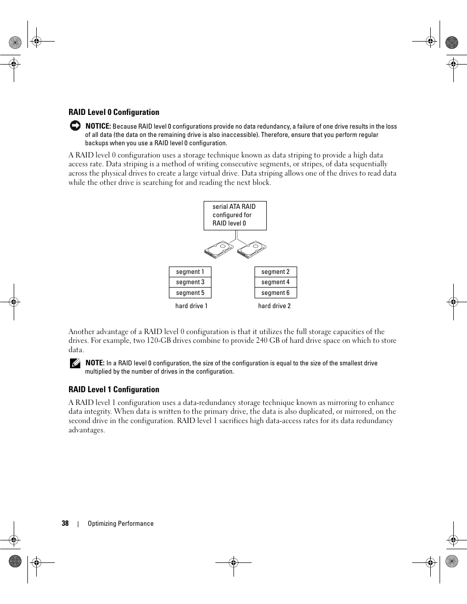 Raid level 0 configuration, Raid level 1 configuration | Dell Dimension 9200 User Manual | Page 38 / 174