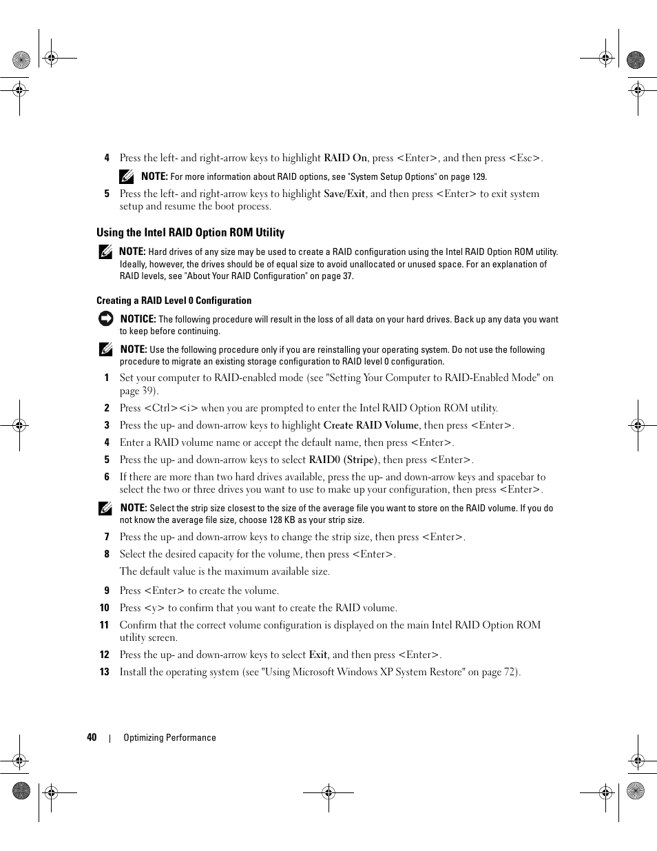 Using the intel raid option rom utility | Dell Dimension 9200 User Manual | Page 40 / 174