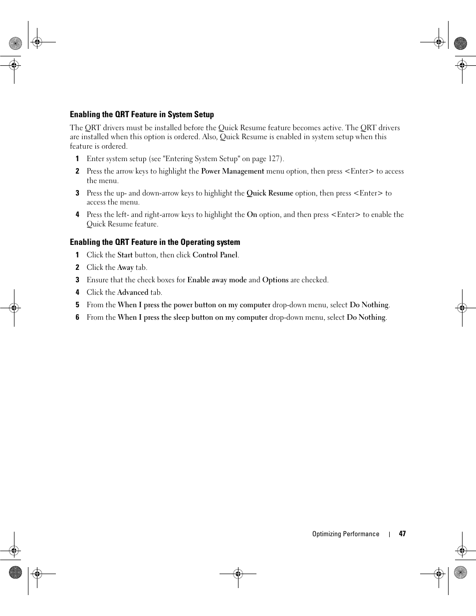 Enabling the qrt feature in system setup, Enabling the qrt feature in the operating system | Dell Dimension 9200 User Manual | Page 47 / 174