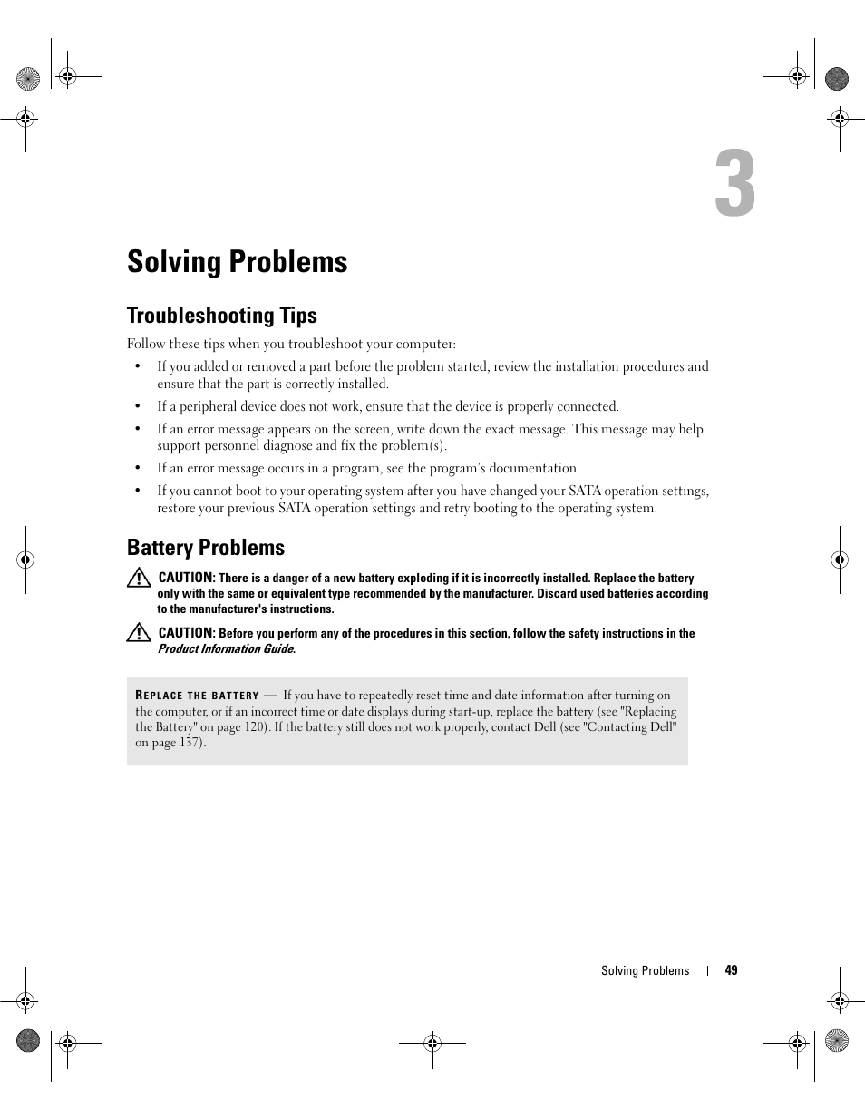 Solving problems, Troubleshooting tips, Battery problems | Dell Dimension 9200 User Manual | Page 49 / 174
