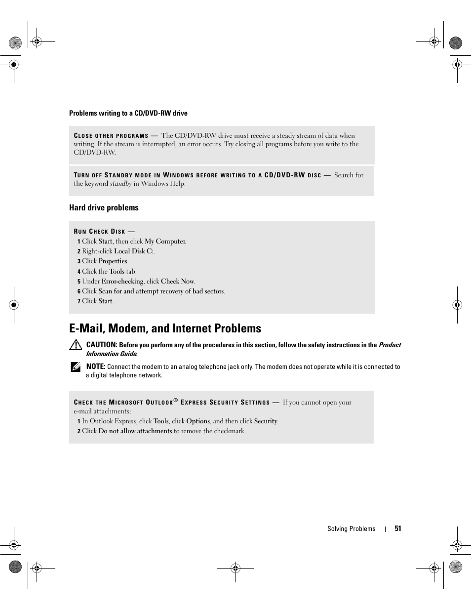 Hard drive problems, E-mail, modem, and internet problems | Dell Dimension 9200 User Manual | Page 51 / 174