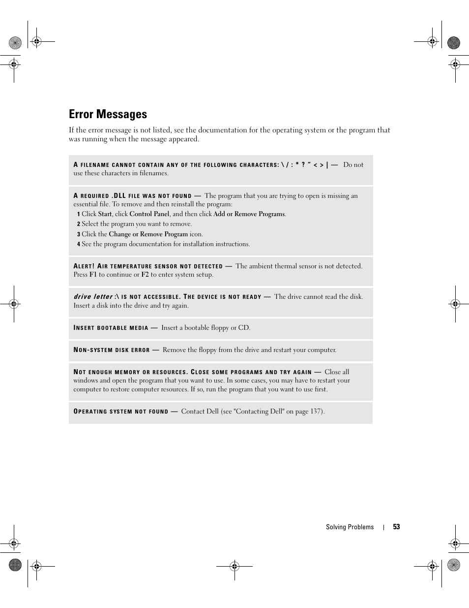 Error messages | Dell Dimension 9200 User Manual | Page 53 / 174