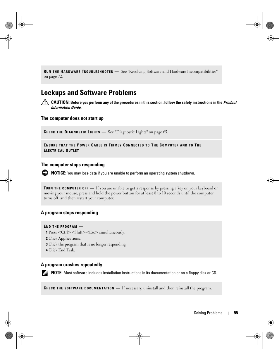 Lockups and software problems, The computer does not start up, The computer stops responding | A program stops responding, A program crashes repeatedly, Resources, Lose, Some, Programs | Dell Dimension 9200 User Manual | Page 55 / 174
