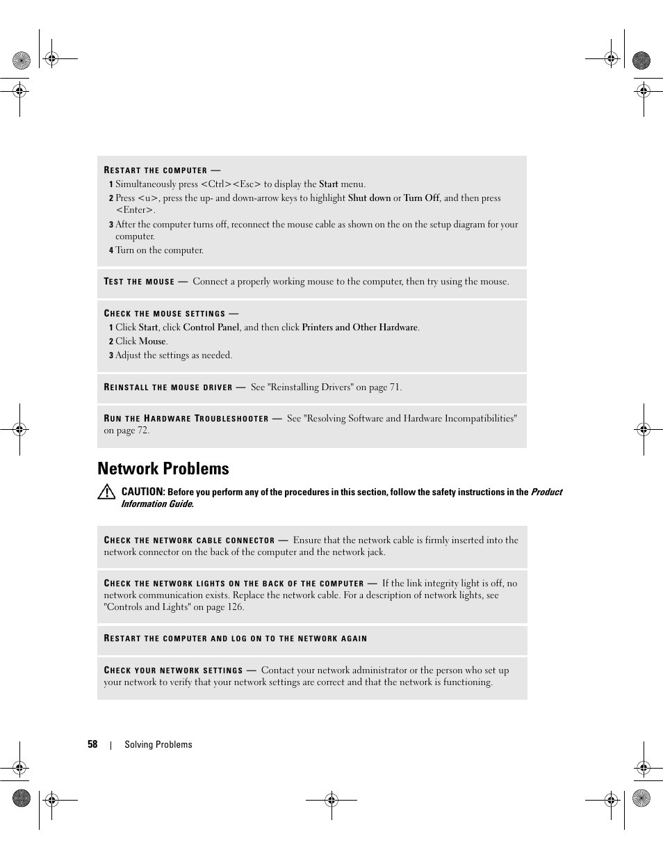 Network problems | Dell Dimension 9200 User Manual | Page 58 / 174