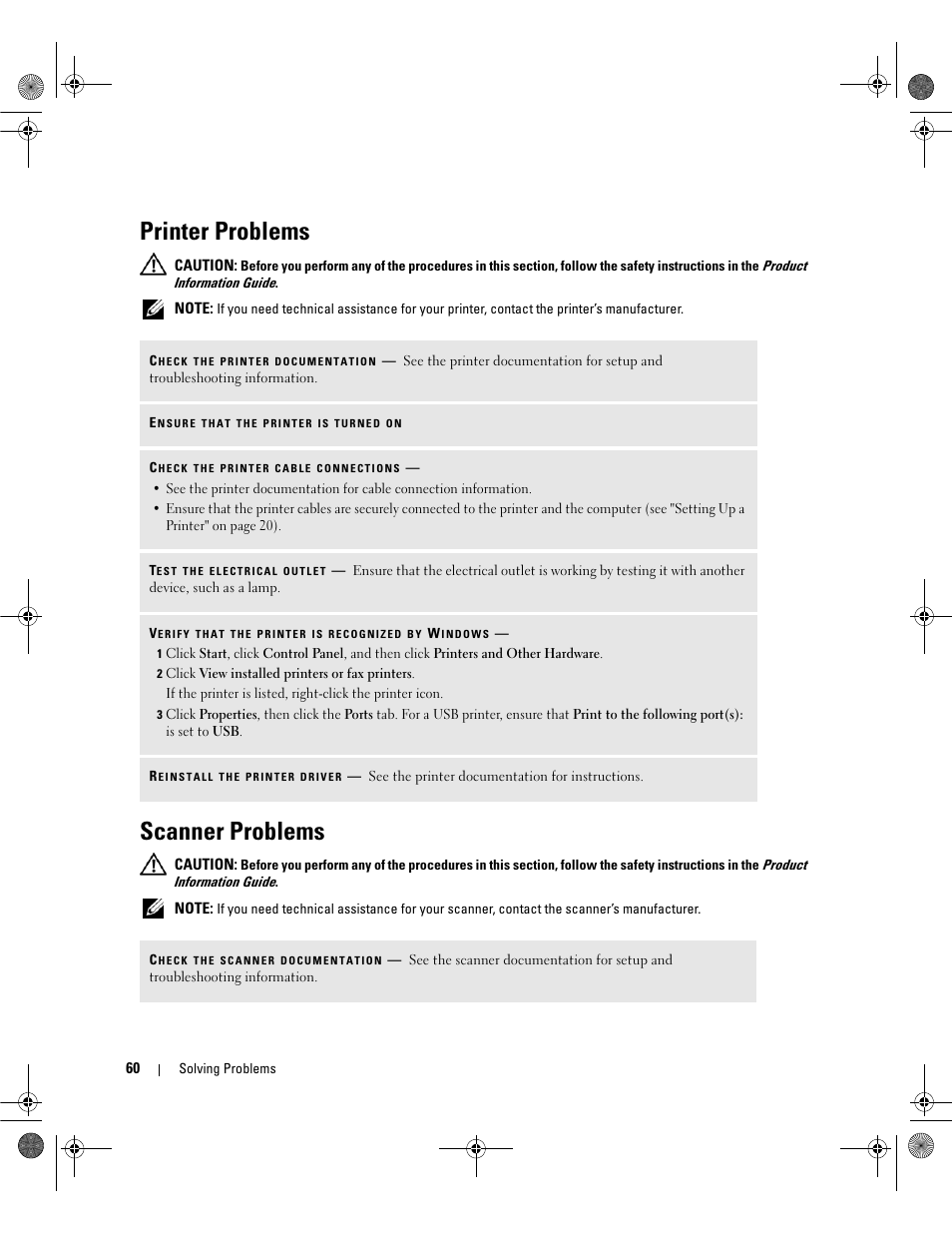Printer problems, Scanner problems | Dell Dimension 9200 User Manual | Page 60 / 174