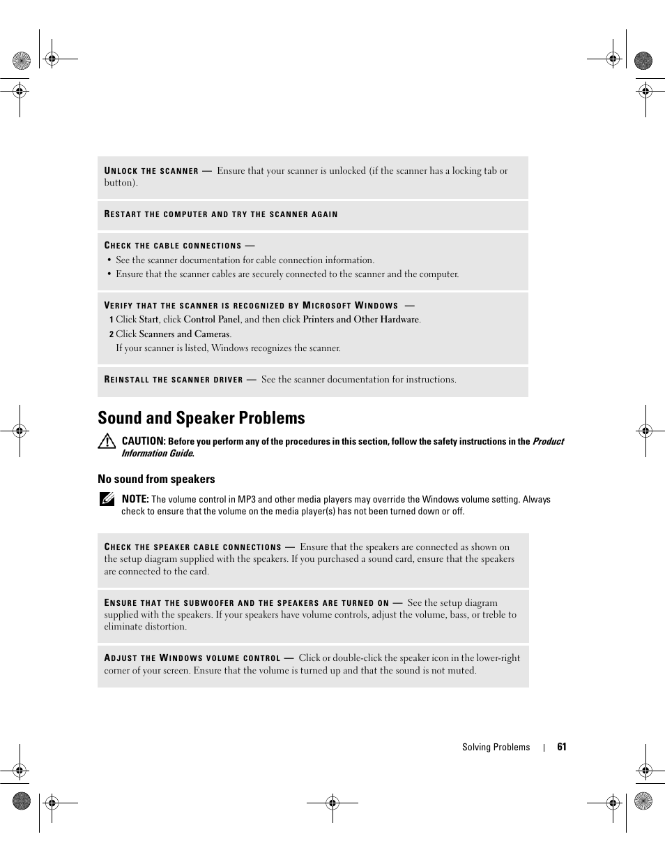 Sound and speaker problems, No sound from speakers | Dell Dimension 9200 User Manual | Page 61 / 174