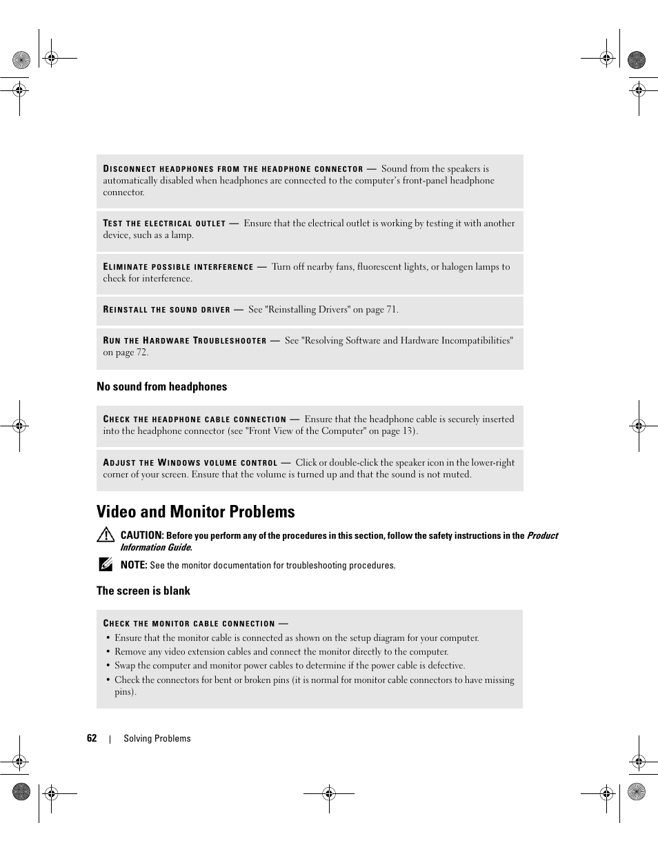 No sound from headphones, Video and monitor problems, The screen is blank | Dell Dimension 9200 User Manual | Page 62 / 174