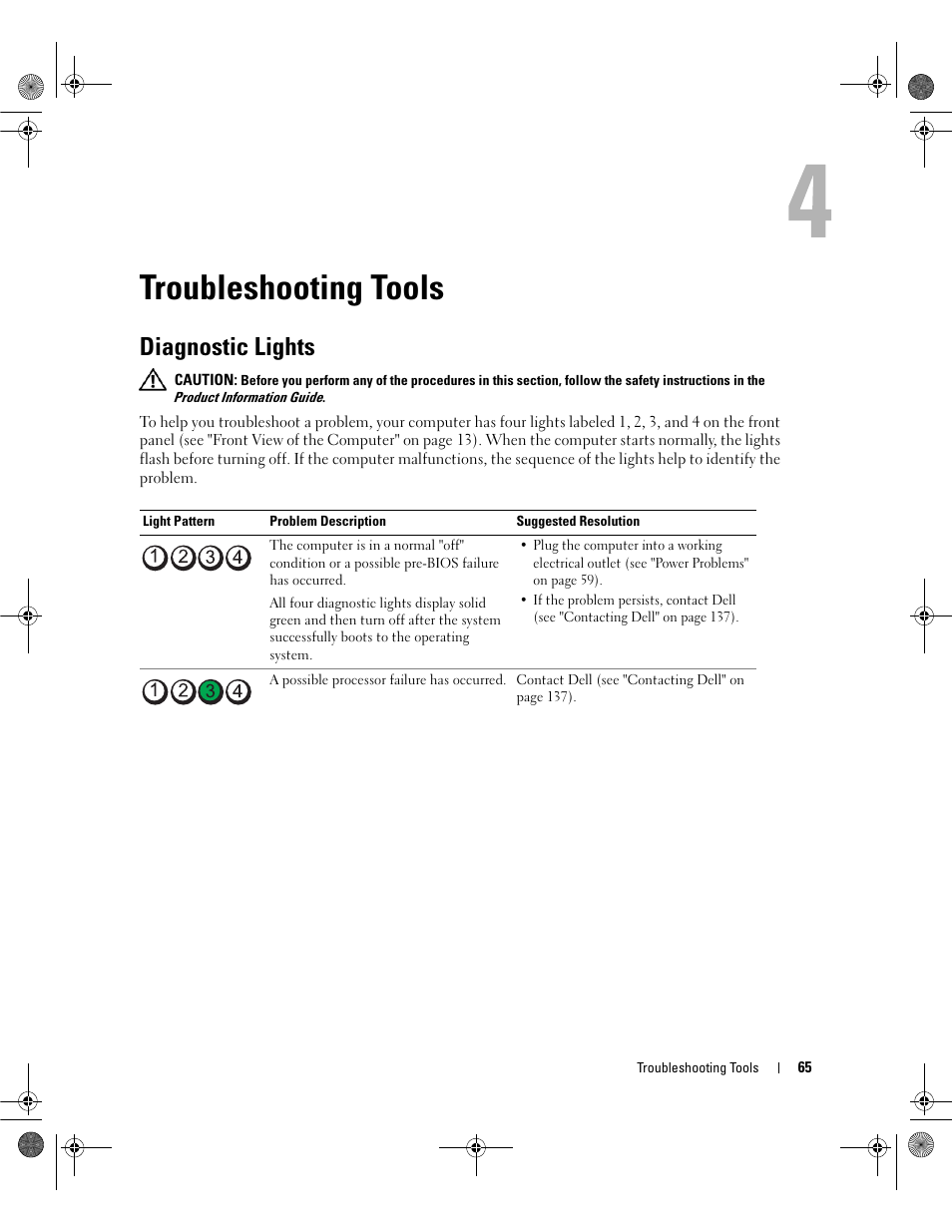 Troubleshooting tools, Diagnostic lights | Dell Dimension 9200 User Manual | Page 65 / 174