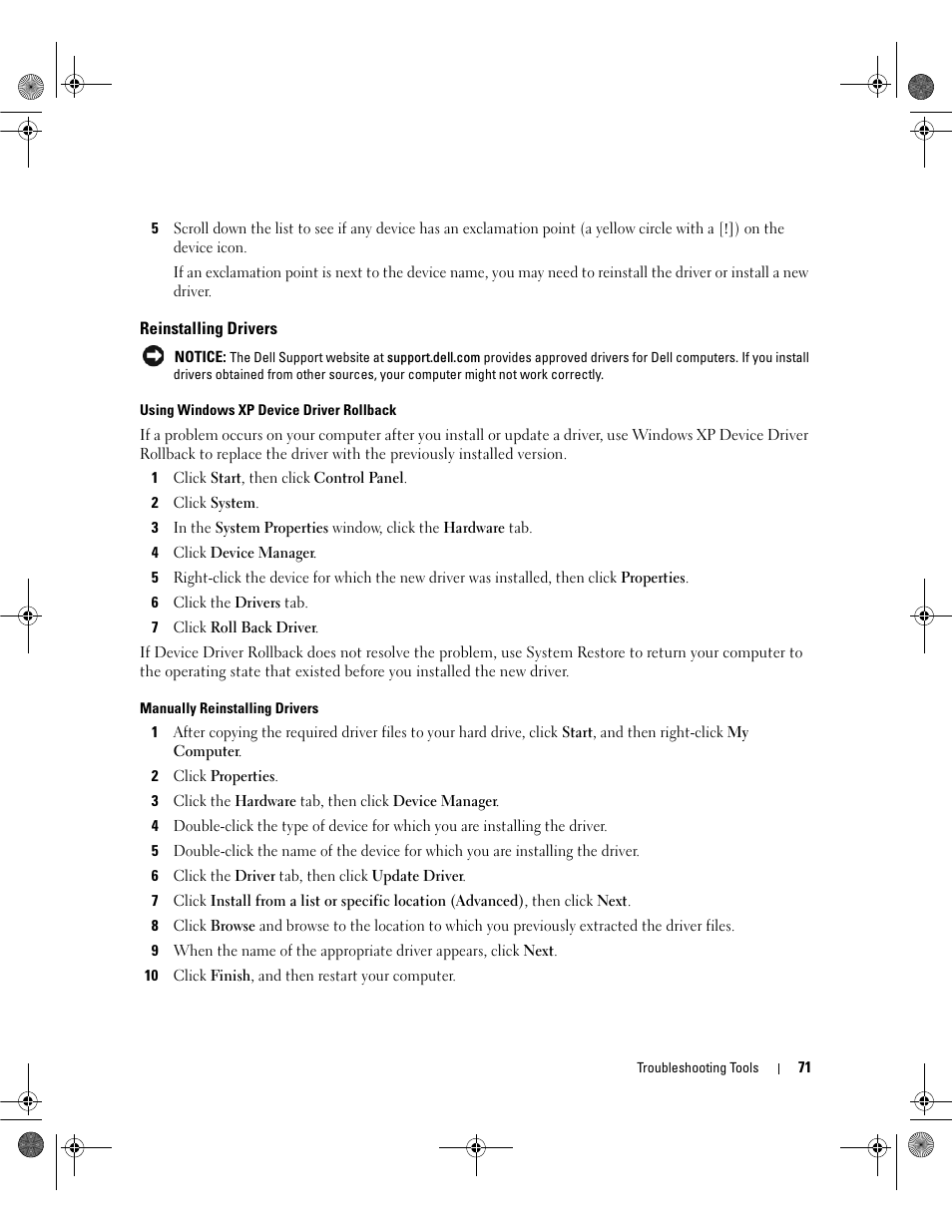 Reinstalling drivers | Dell Dimension 9200 User Manual | Page 71 / 174