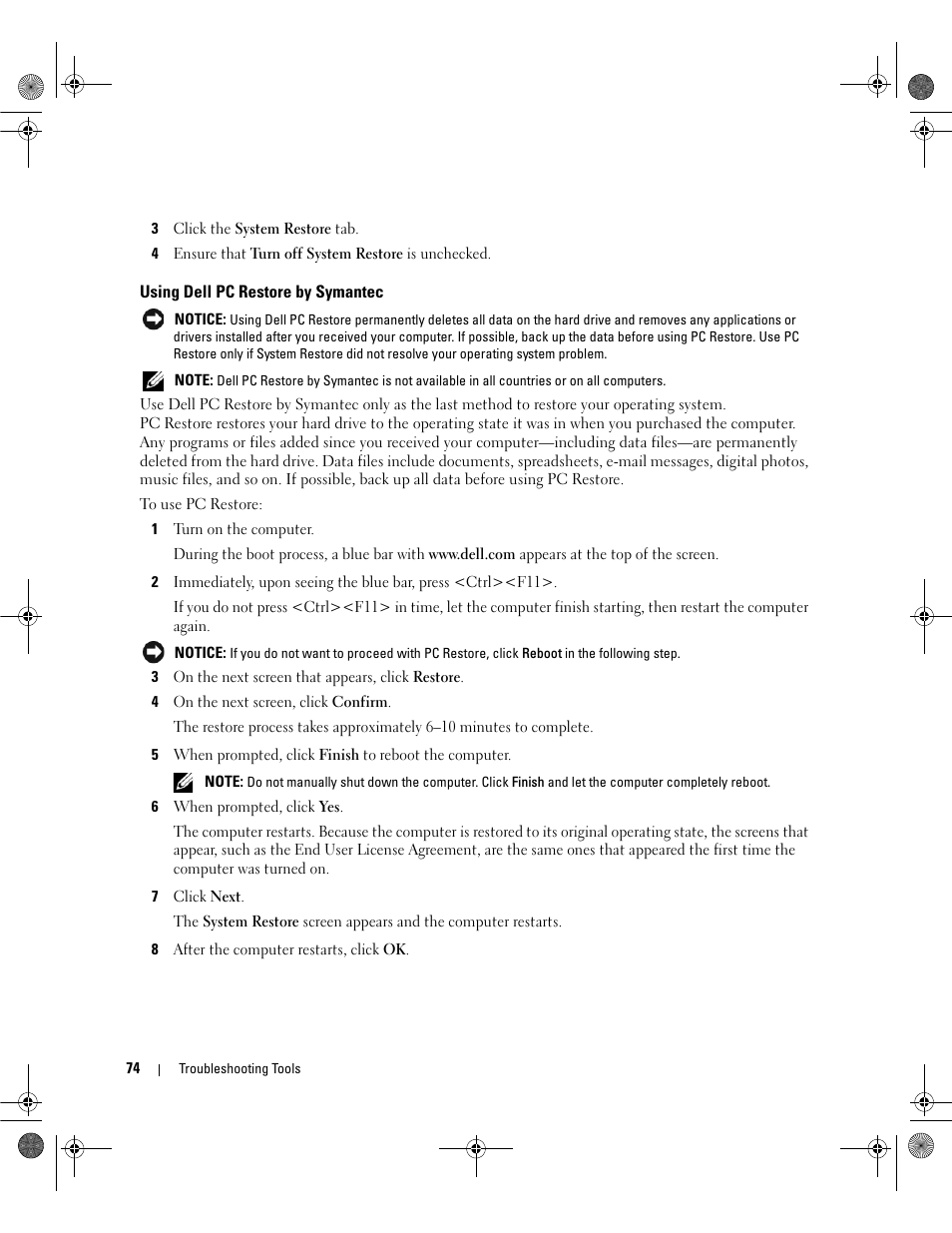 Using dell pc restore by symantec | Dell Dimension 9200 User Manual | Page 74 / 174