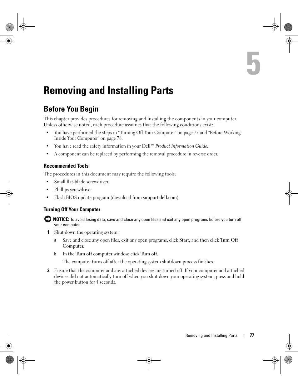 Removing and installing parts, Before you begin, Recommended tools | Turning off your computer | Dell Dimension 9200 User Manual | Page 77 / 174