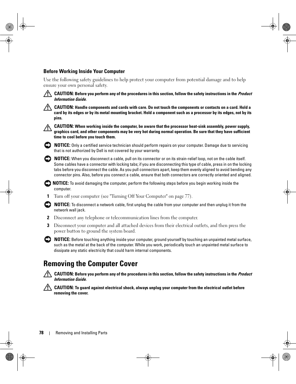 Before working inside your computer, Removing the computer cover | Dell Dimension 9200 User Manual | Page 78 / 174