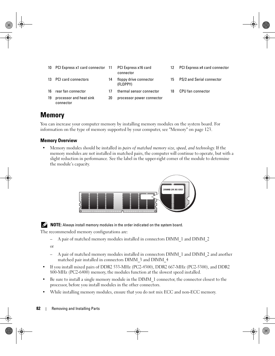 Memory, Memory overview | Dell Dimension 9200 User Manual | Page 82 / 174