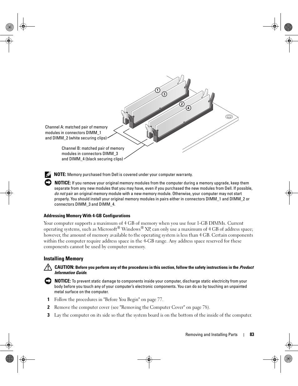 Installing memory | Dell Dimension 9200 User Manual | Page 83 / 174