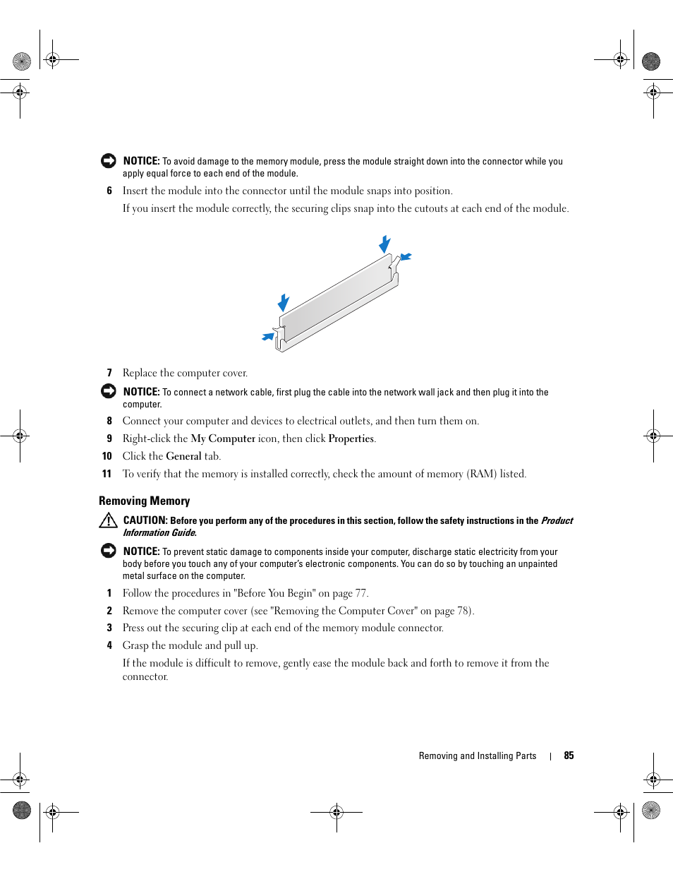 Removing memory | Dell Dimension 9200 User Manual | Page 85 / 174