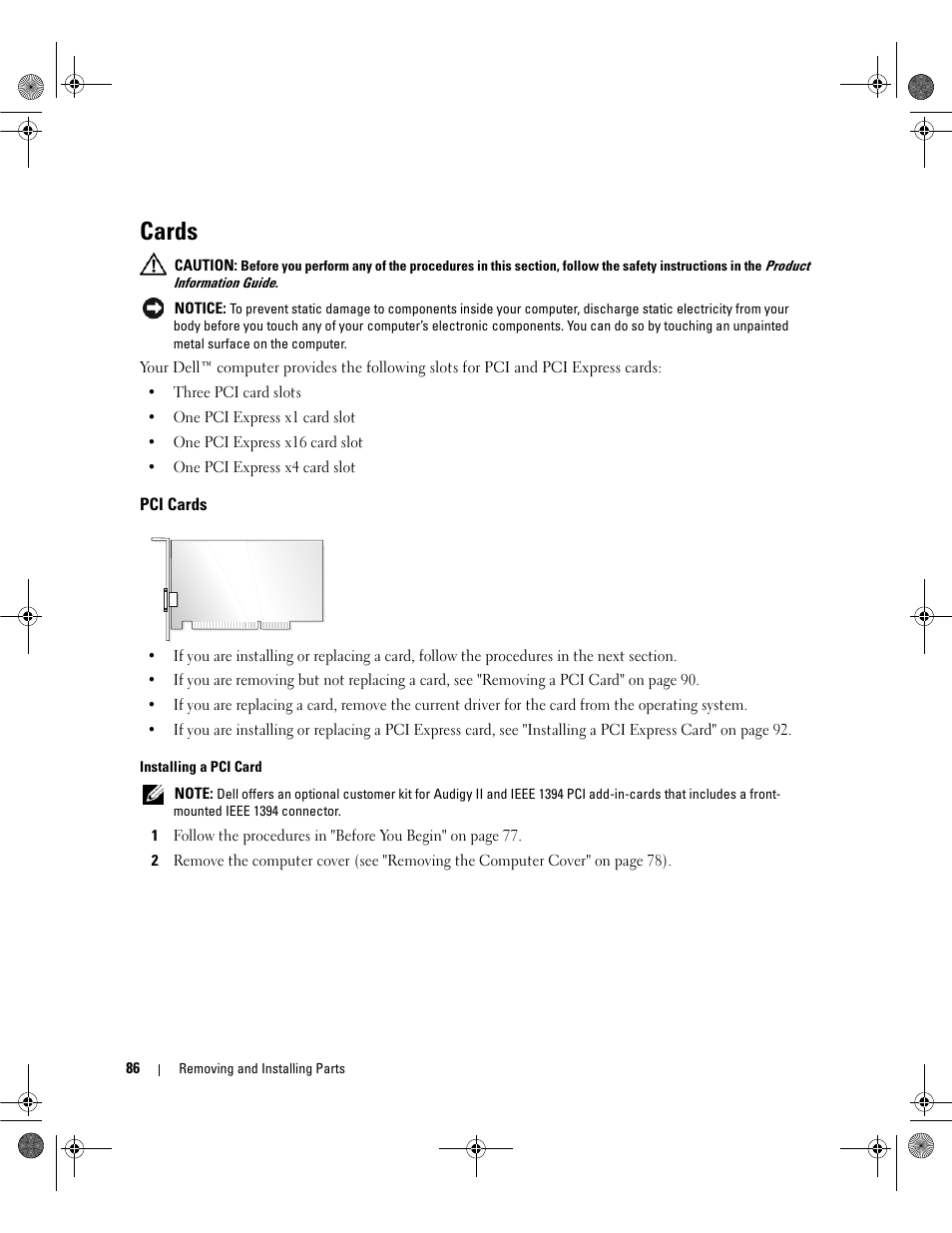Cards, Pci cards | Dell Dimension 9200 User Manual | Page 86 / 174