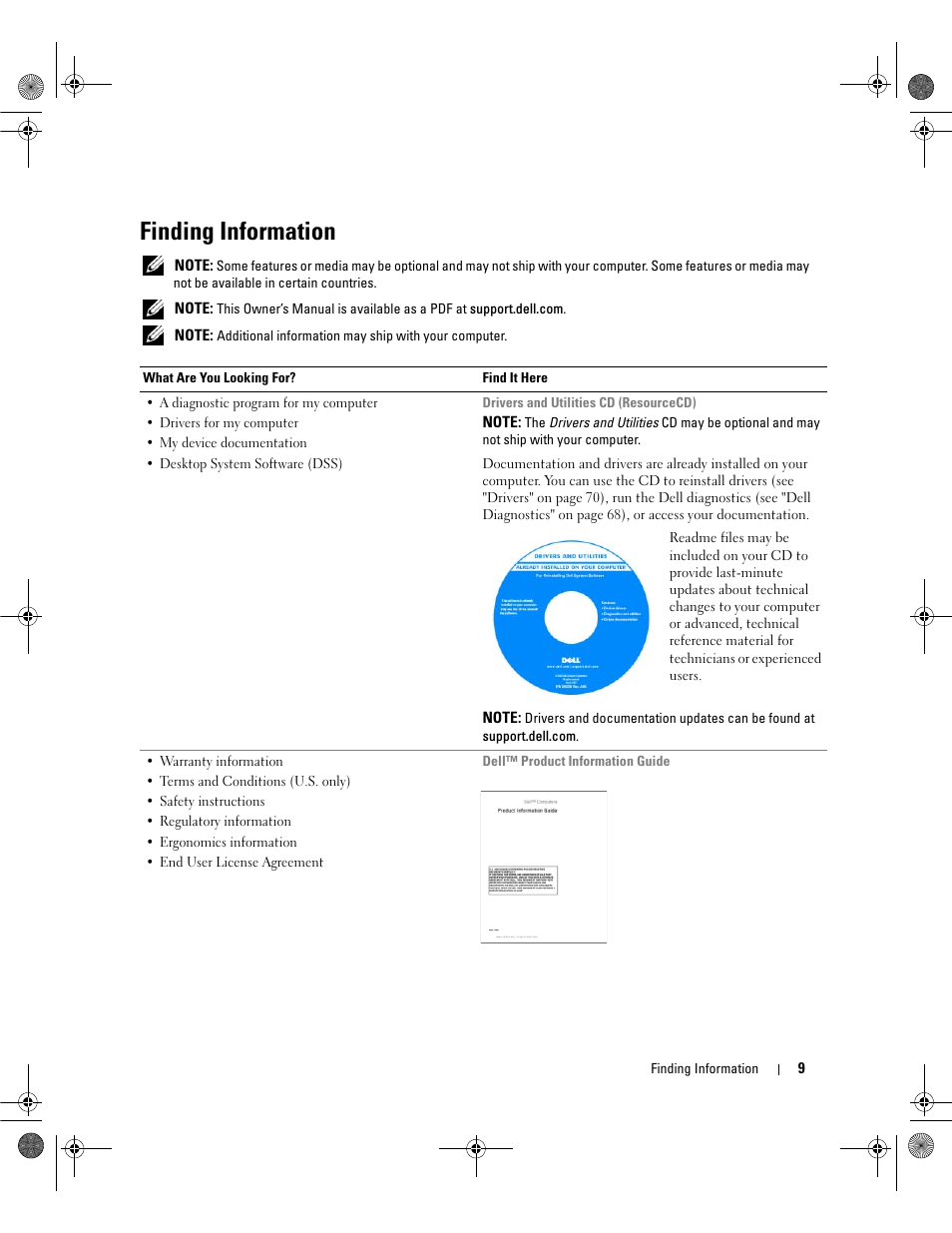 Finding information | Dell Dimension 9200 User Manual | Page 9 / 174