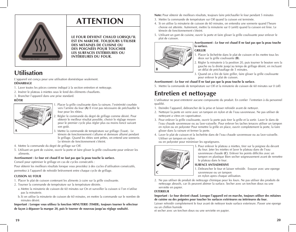 Attention, Utilisation, Entretien et nettoyage | Black & Decker TOASTER-R-OVEN CTO649 User Manual | Page 11 / 15