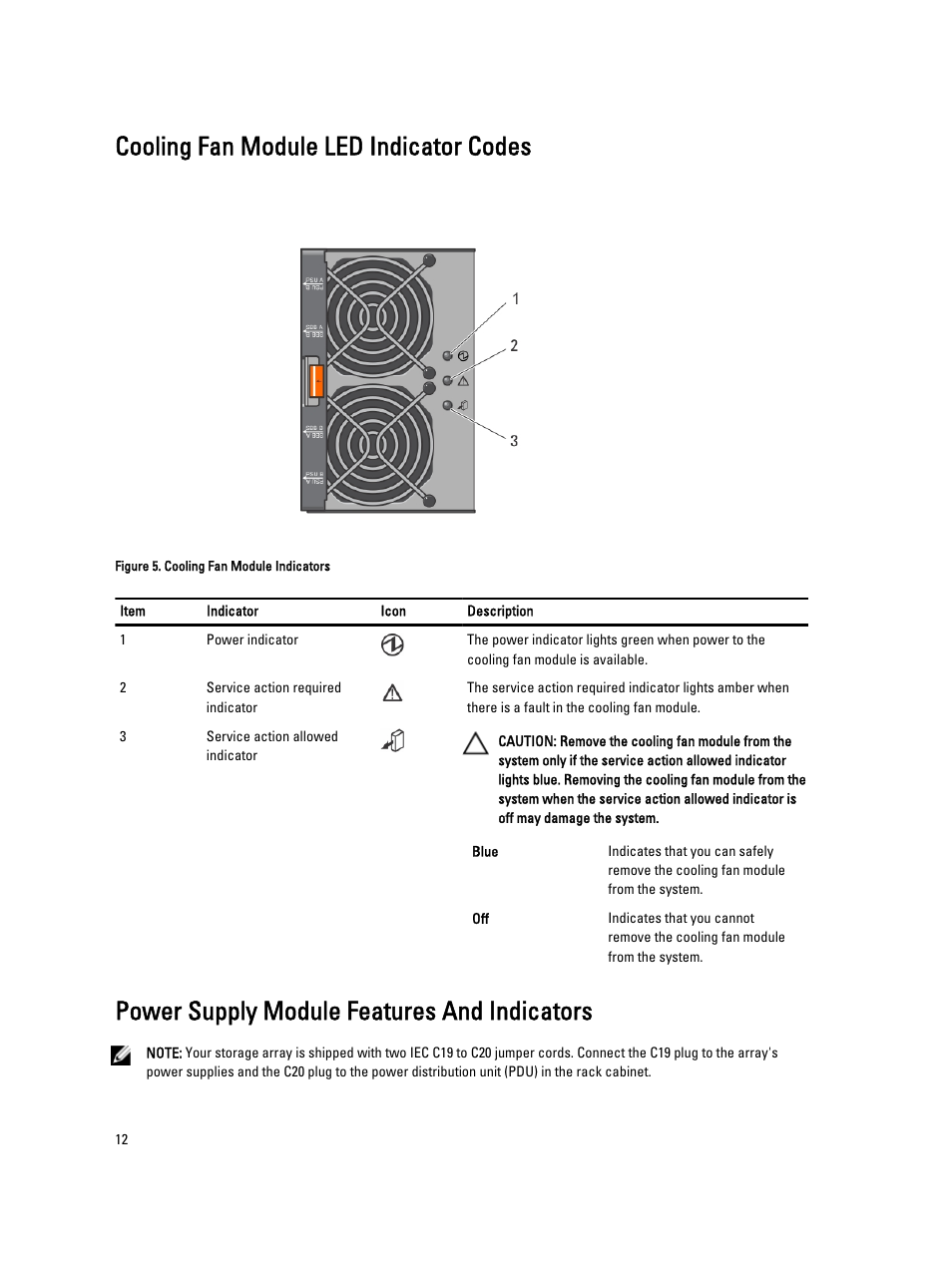 Cooling fan module led indicator codes, Power supply module features and indicators | Dell PowerVault MD3260i User Manual | Page 12 / 58