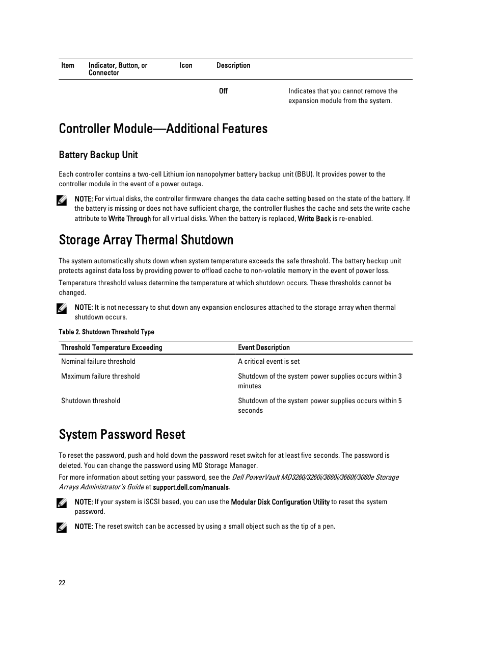 Controller module—additional features, Battery backup unit, Storage array thermal shutdown | System password reset | Dell PowerVault MD3260i User Manual | Page 22 / 58