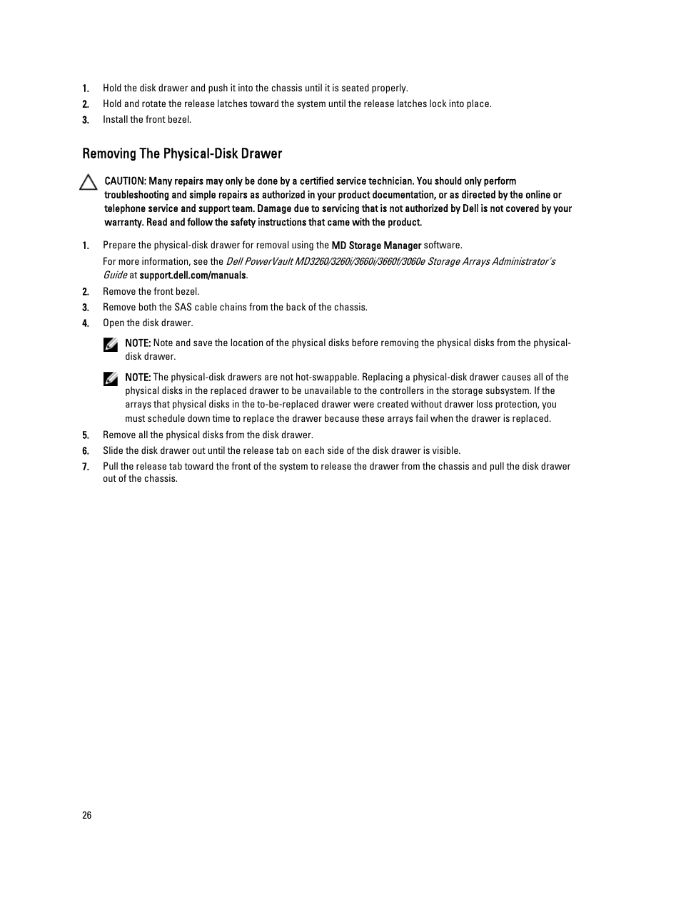 Removing the physical-disk drawer | Dell PowerVault MD3260i User Manual | Page 26 / 58