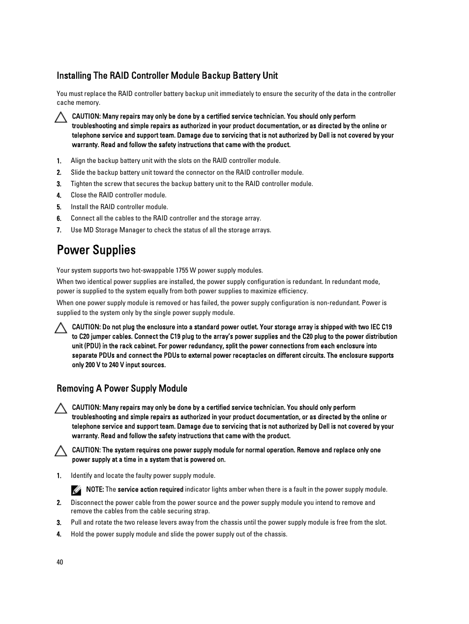 Power supplies, Removing a power supply module | Dell PowerVault MD3260i User Manual | Page 40 / 58