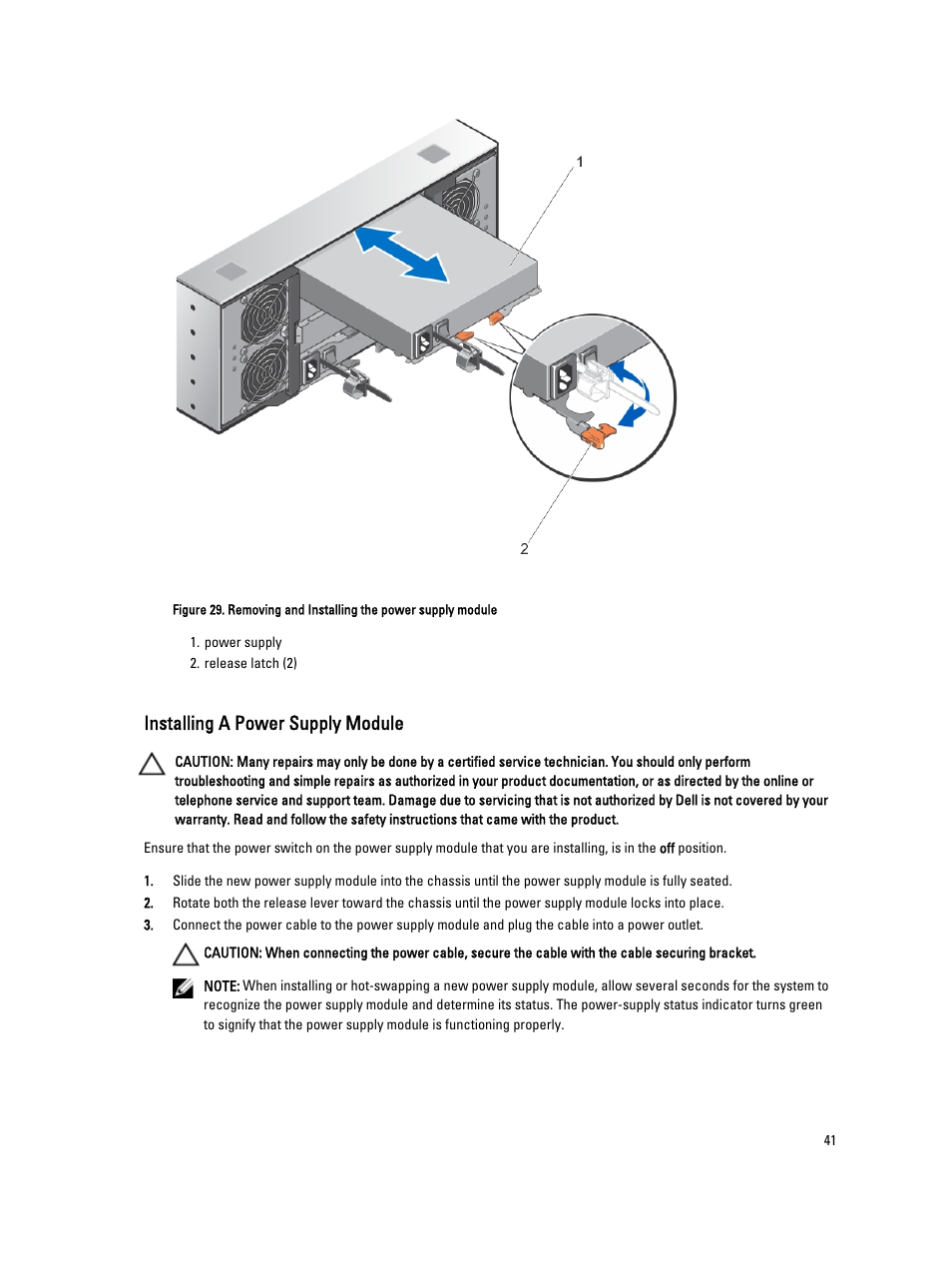 Installing a power supply module | Dell PowerVault MD3260i User Manual | Page 41 / 58