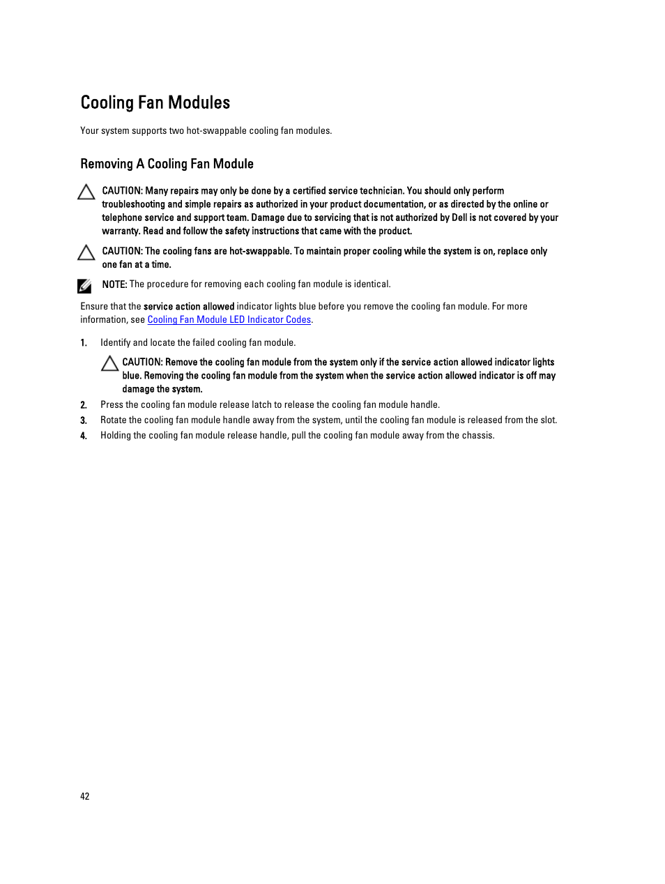 Cooling fan modules, Removing a cooling fan module | Dell PowerVault MD3260i User Manual | Page 42 / 58