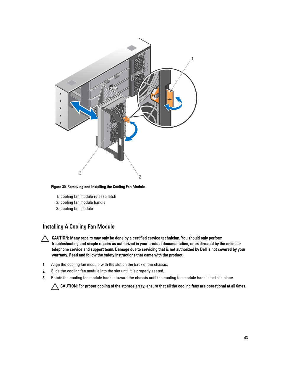 Installing a cooling fan module | Dell PowerVault MD3260i User Manual | Page 43 / 58