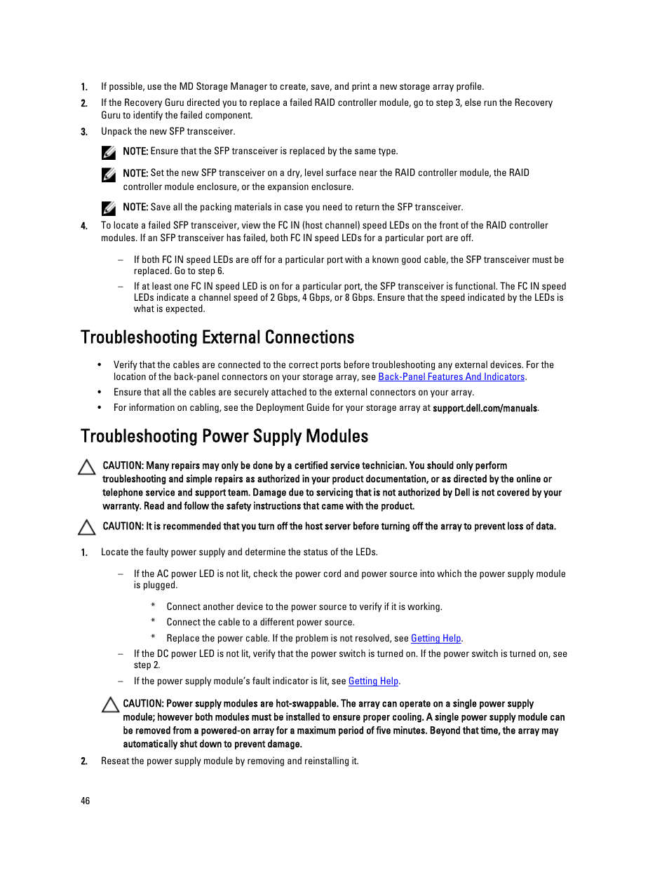Troubleshooting external connections, Troubleshooting power supply modules | Dell PowerVault MD3260i User Manual | Page 46 / 58