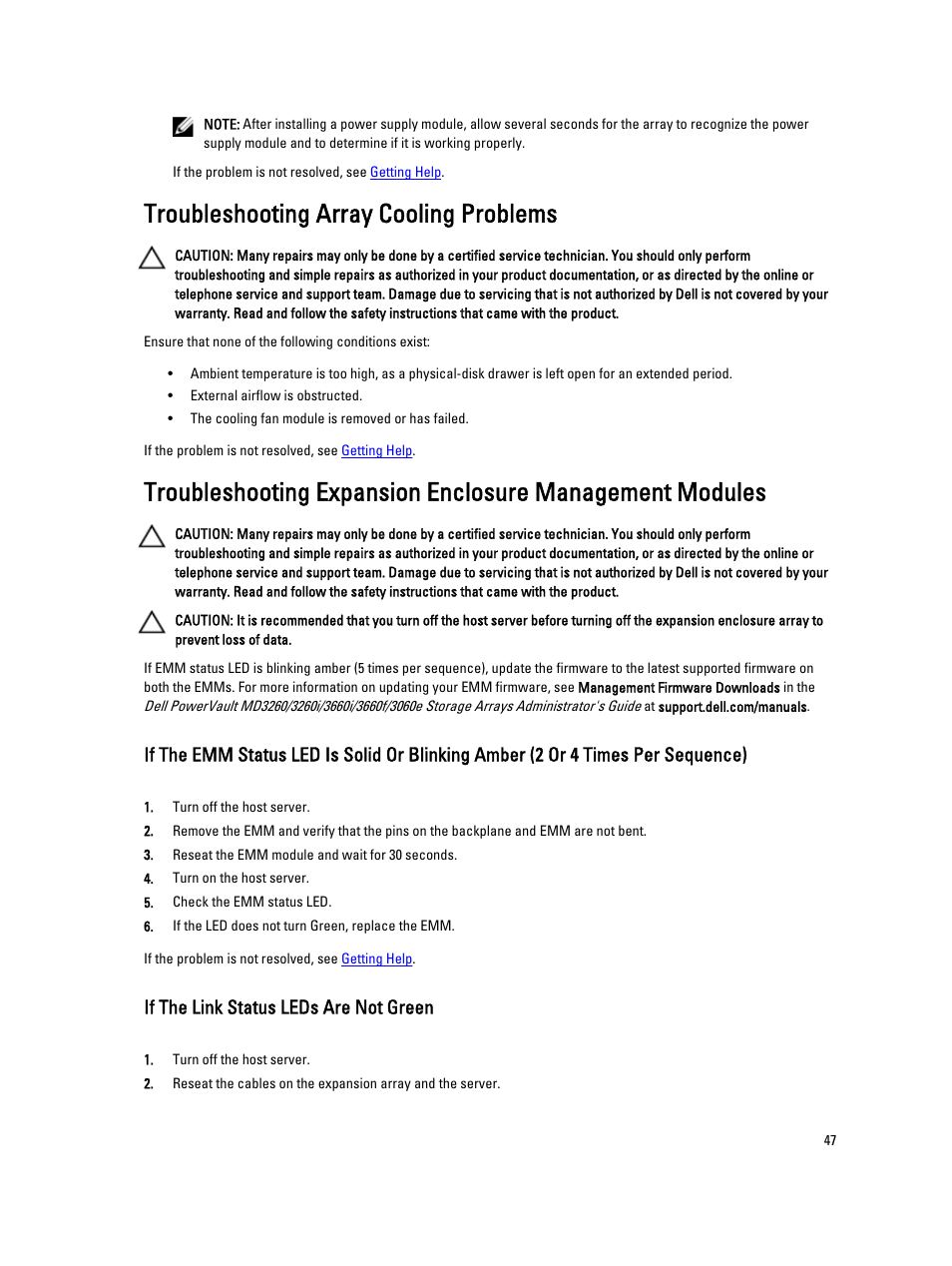 Troubleshooting array cooling problems, If the link status leds are not green | Dell PowerVault MD3260i User Manual | Page 47 / 58