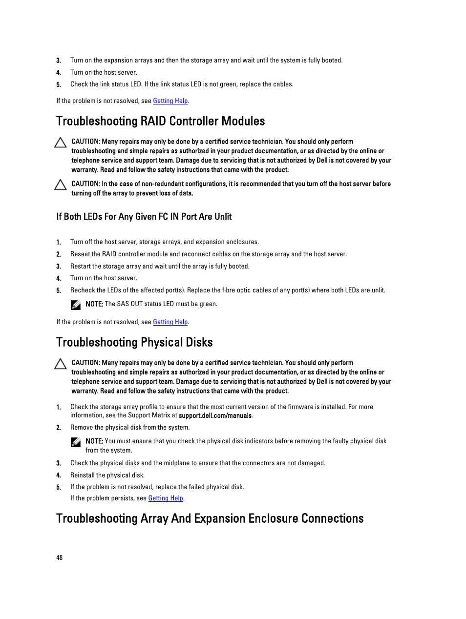 Troubleshooting raid controller modules, If both leds for any given fc in port are unlit, Troubleshooting physical disks | Dell PowerVault MD3260i User Manual | Page 48 / 58