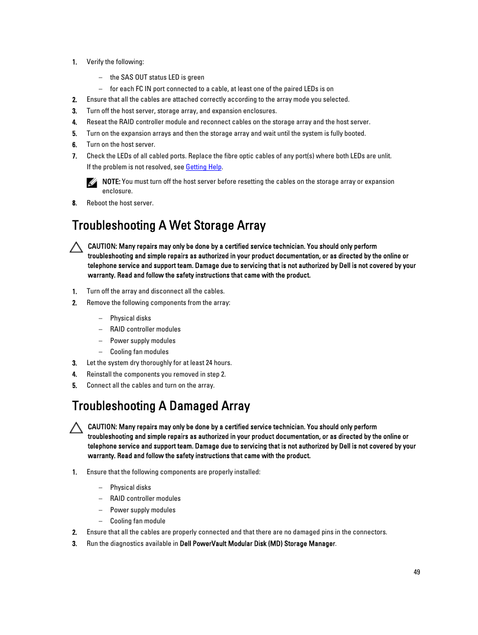 Troubleshooting a wet storage array, Troubleshooting a damaged array | Dell PowerVault MD3260i User Manual | Page 49 / 58