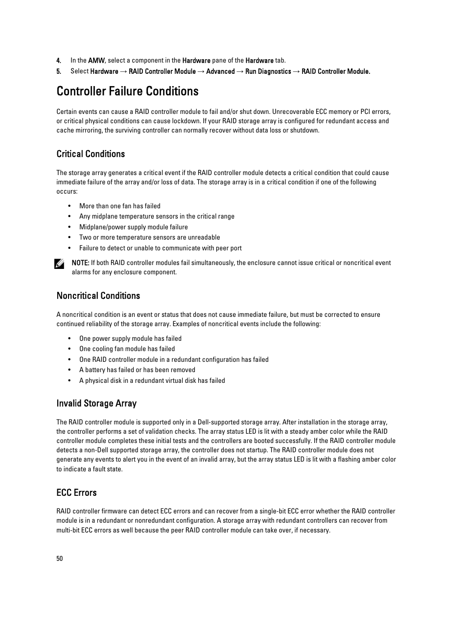 Controller failure conditions, Critical conditions, Noncritical conditions | Invalid storage array, Ecc errors | Dell PowerVault MD3260i User Manual | Page 50 / 58