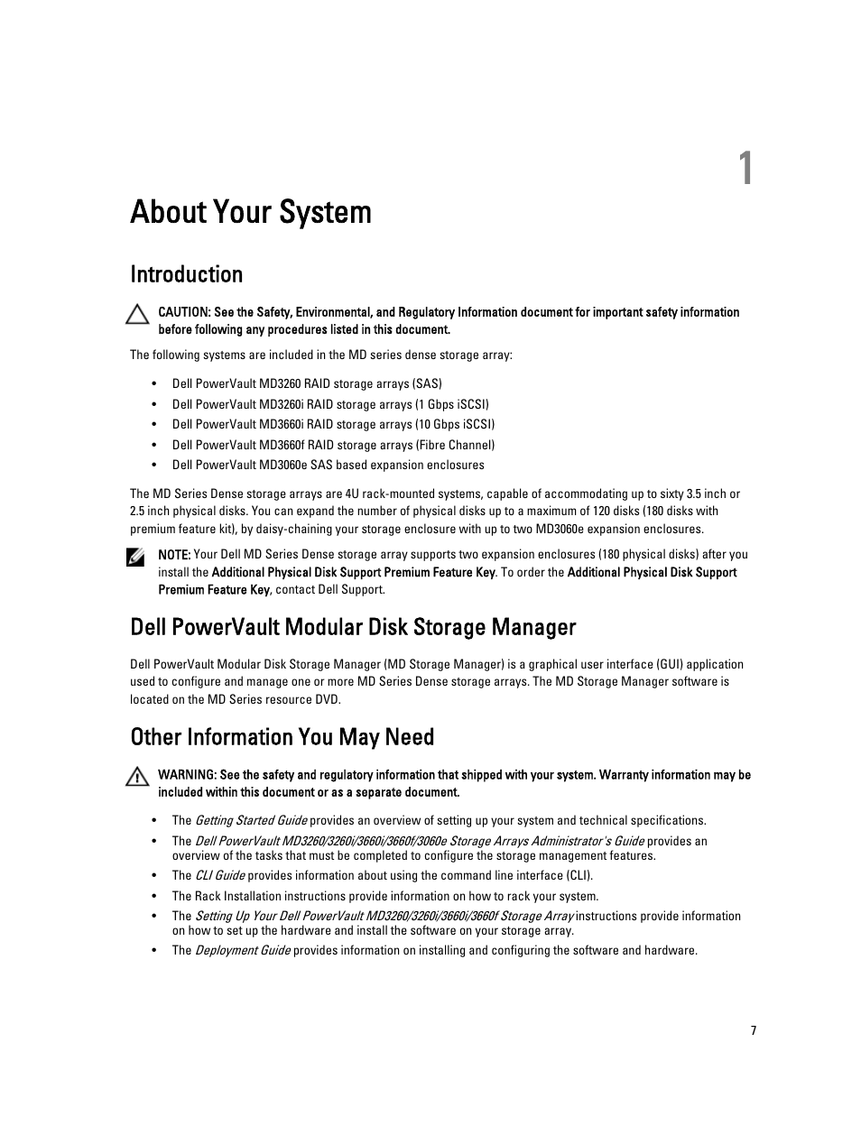 About your system, Introduction, Dell powervault modular disk storage manager | Other information you may need, 1 about your system | Dell PowerVault MD3260i User Manual | Page 7 / 58