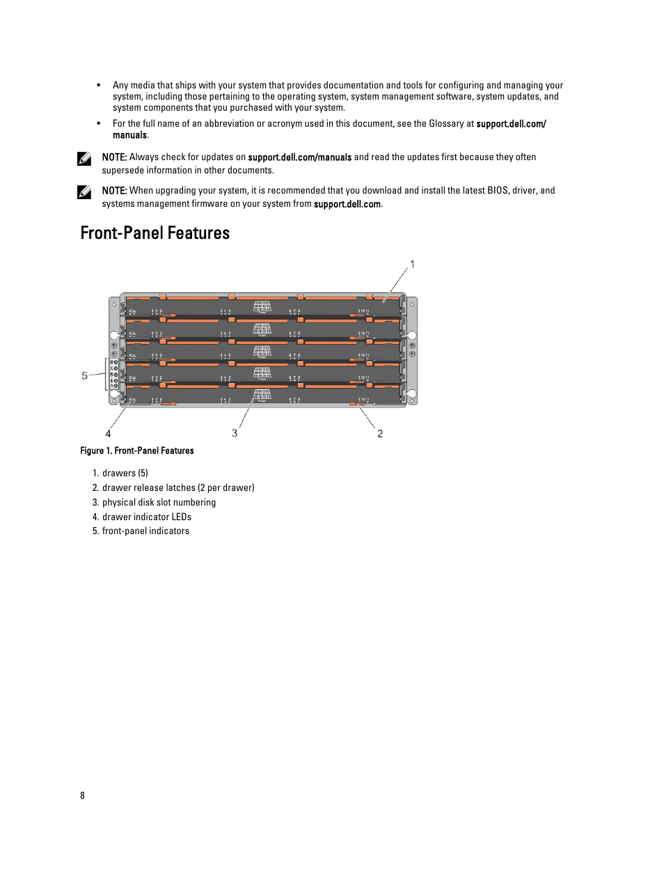 Front-panel features | Dell PowerVault MD3260i User Manual | Page 8 / 58